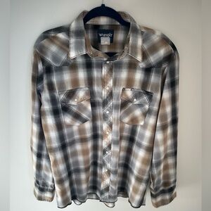 Vintage Wrangler western shirts in black and olive plaid. Size Large